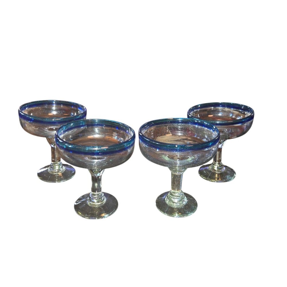 Mexican Hand Blown Margarita Glasses Cobalt Blue Rim Set of‎ 4 Stemmed Barware